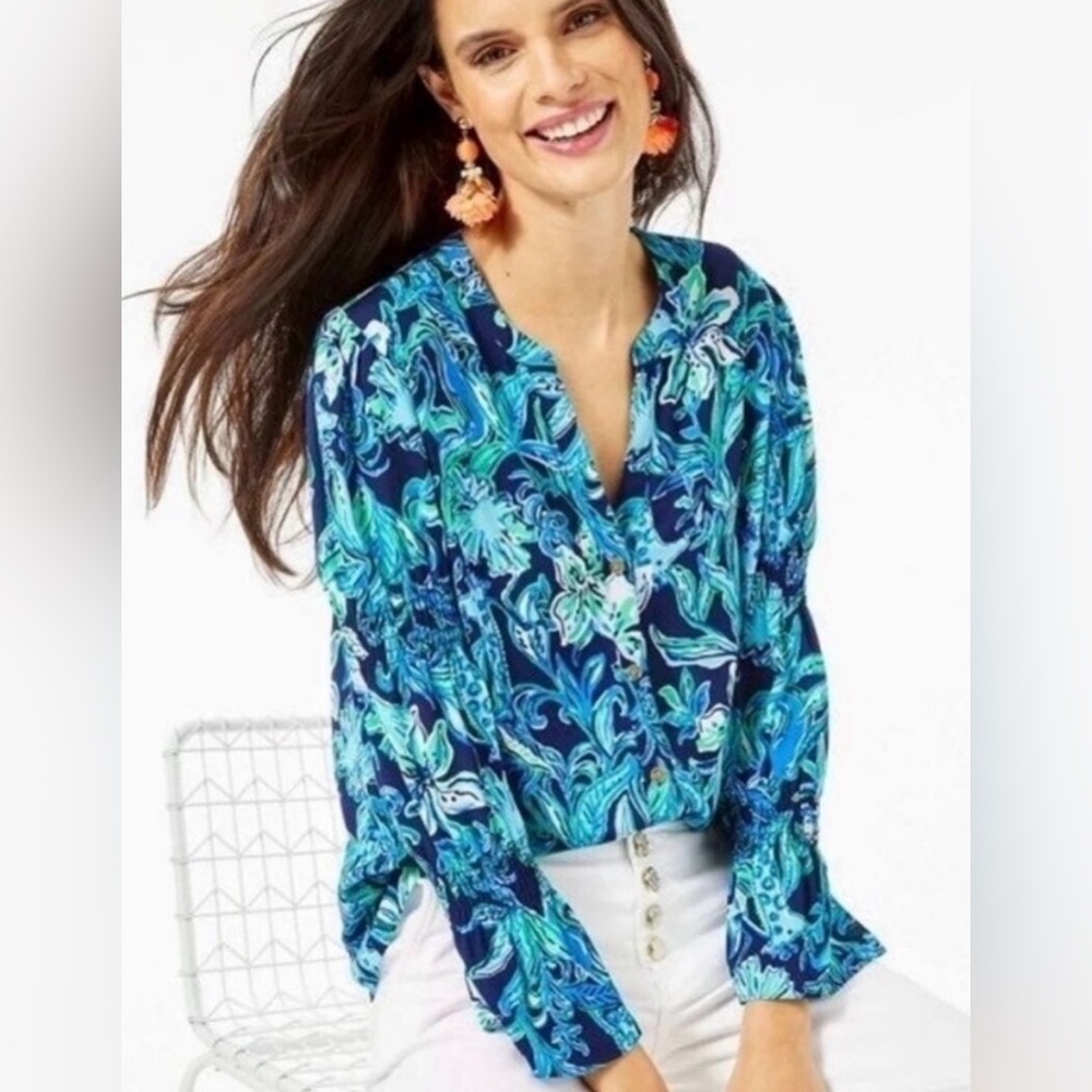 Lilly Pulitzer Womens Maritza Floral Button Down Blouse High Tide Navy XS Blue